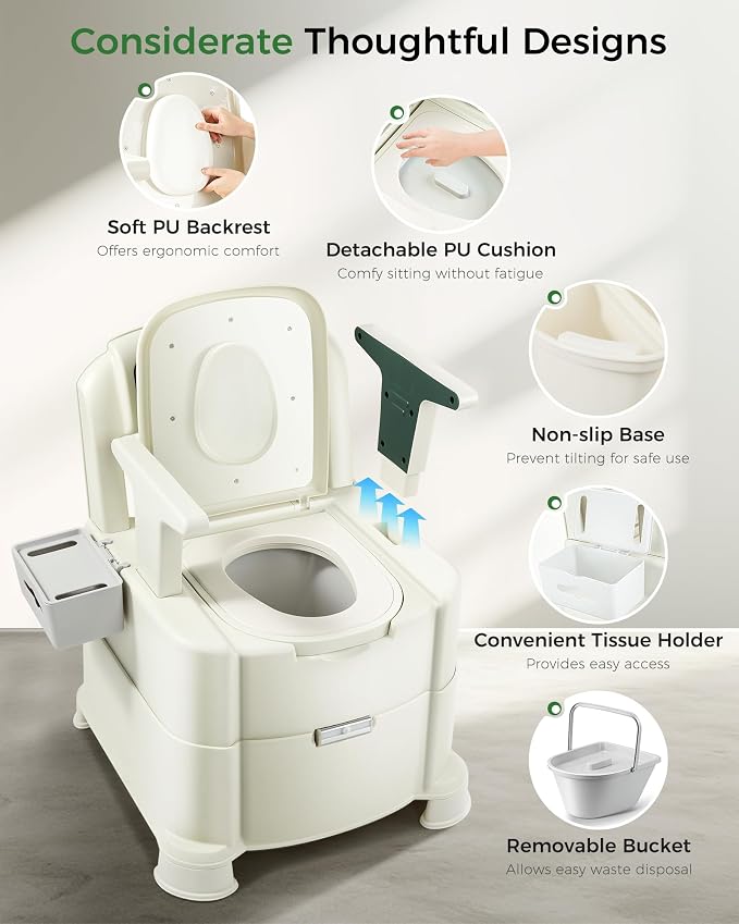 Bedside Commode, 500lbs Heavy Duty & Upgraded Commode Toilet Potty Chair, Portable Camping Toilet, Detachable Armrests, Automatic LED Light, 2-Level Height, 3 Rolls of Commode Liners 【Green】