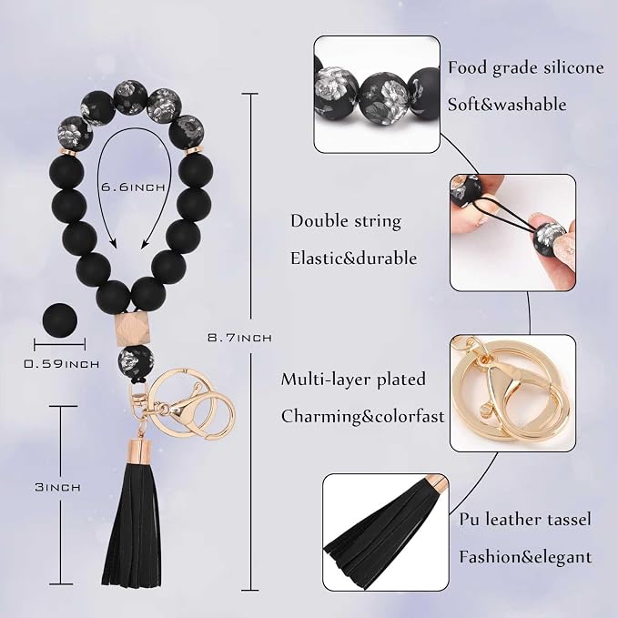 BAOSIWA Silicone Key Ring Bracelet Wristlet Keychain Unique Beaded Bangle Key Chains for Women with Leather Tassel