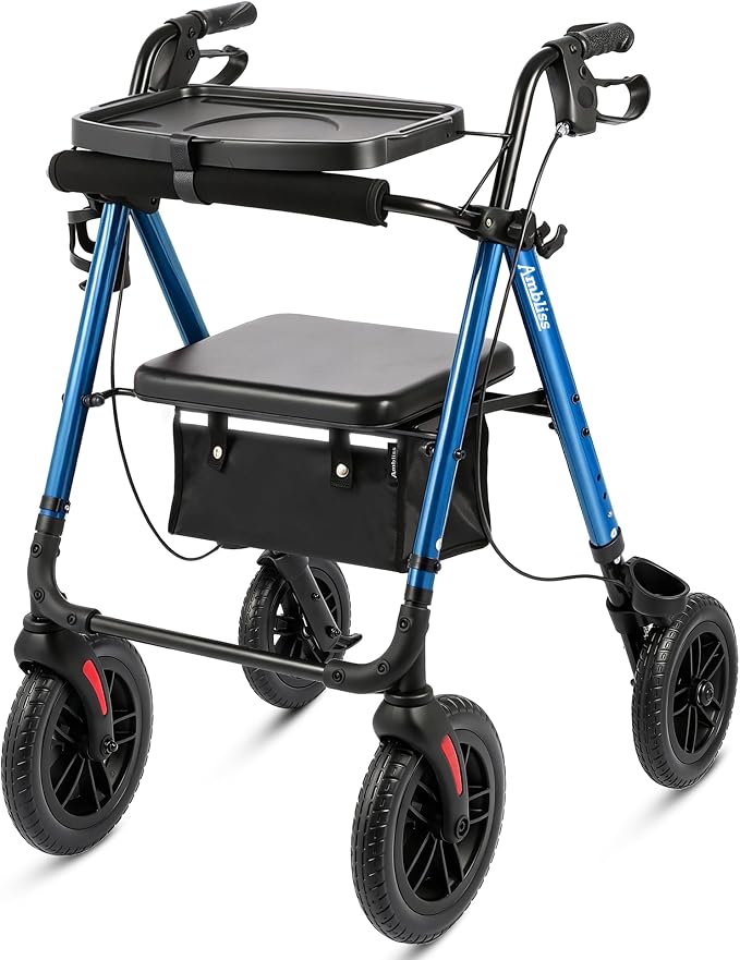 Foldable Rollator Walker for Seniors with Seat,4 Wheel Rolling Walkers | 300lbs walker with tray for Adults & Mobility Impaired|8" Airless Tires|Anti-tip brakes|Adjustable height|Tool-Free Assembly