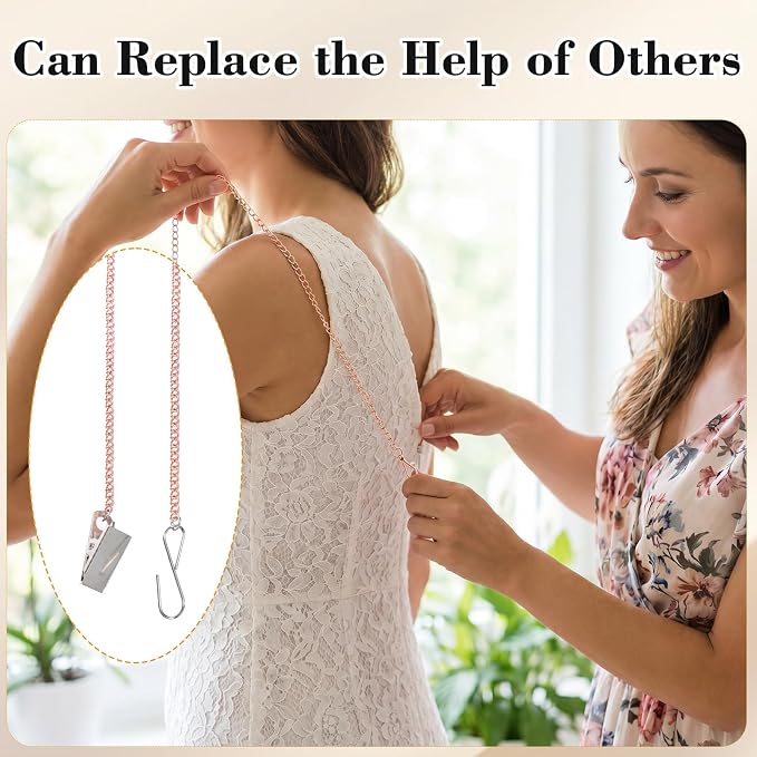 Zipper Pull Helper, Zipper Helper Pull for Dresses Zip Aid for Zippers with Hook and Clip Zippers Aid for Almost All Long Dresses Zips Types Zipping Up Down Dress by Yourself (Rose Gold)