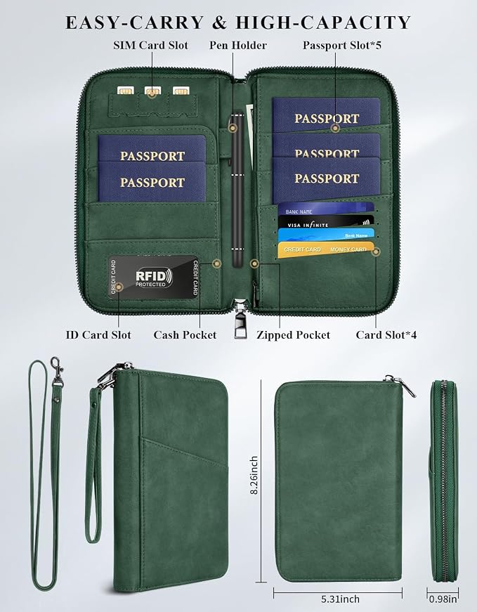 Family Passport Holder Wallet RFID Travel Document Organizer for Women Men, Portable Case Cover for Cards, Boarding Pass with Wrist & Neck Double Strap, Travel Gifts (Charcoal Green, 1pack)