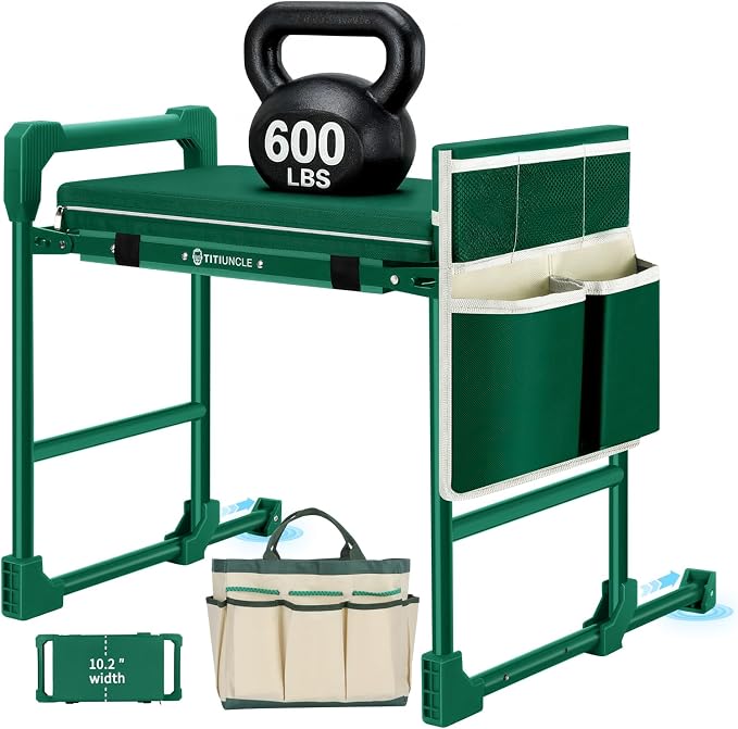 Garden Kneeler and Seat for Seniors: Heavy Duty 600 LBS Support Anti-Tip Multifunctional Gardening Stool Bench with Widened Thick Soft Kneeling Pad & Tool Bag - Foldable for Gardeners
