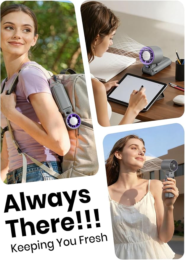 Portable Handheld Turbo Fan, 1-199 Speed Adjustable, Grey Purple | 4 IN 1 Pocket Design with LED Display, High-Power Motor, Rechargeable Battery, Mini Fans for Indoor/Outdoor/Travel/Work