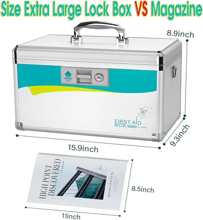 Glosen Medicine Lock Box,locking medicine box, Security Lock Boxes【Extra Large-16inch】 15.9x9.3x8.9 Inch,lock box, First Aid Key Safe Box,Lock Box for Medication