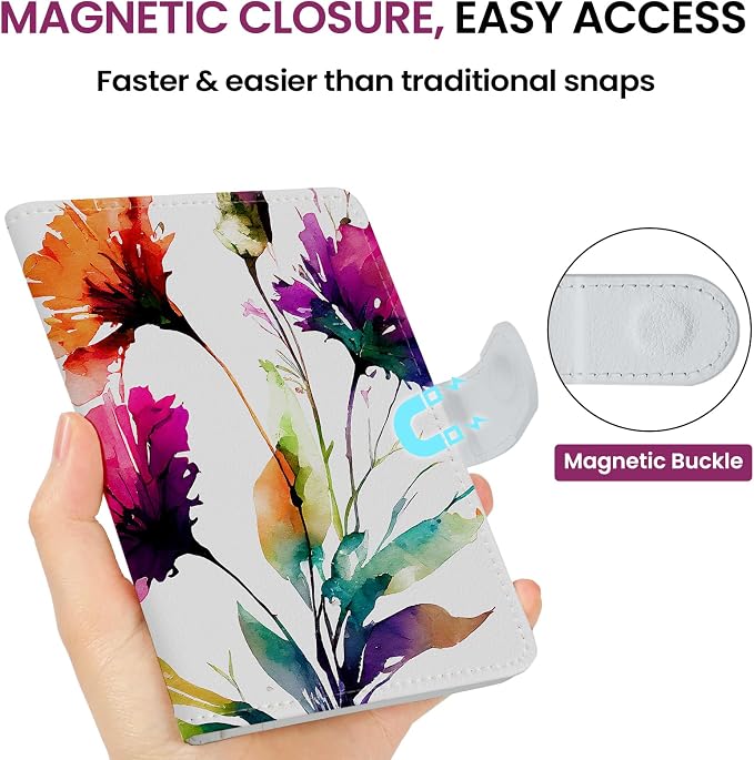 Passport Holder for Travel Essentials, RFID Blocking Leather Cover Wallet with Magnetic Closure, Aesthetic & Cute Passport Book Case for Women and Men - Floral