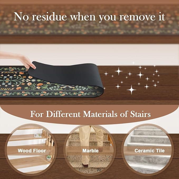 OJIA Floral Stair Treads Non-Slip Stair Runner for Wooden Steps Indoor 15PC | 30"x8" Carpet Stair Treads Stair Mats Staircase Step Treads for Kids, Elders and Dogs, Stair Covers, Black