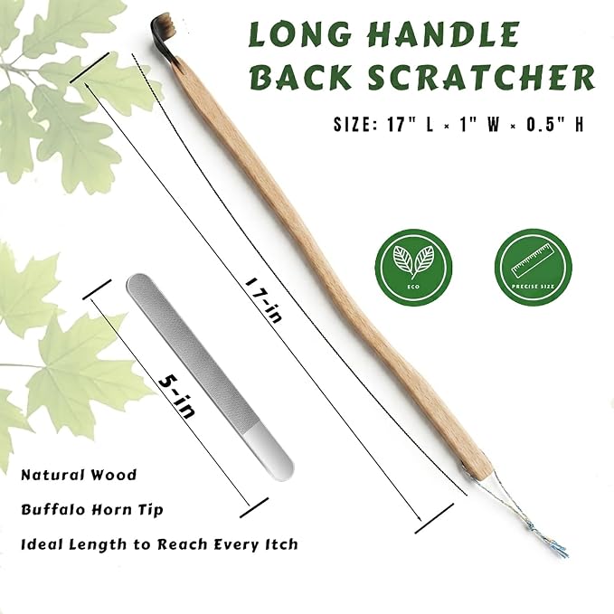 Natural Buffalo Horn Back Scratcher with Adjustable Sharpness, 17" Long Handle Curved Wooden for Seniors Women Men, Nano-Glass File, Gift for Mom Dad