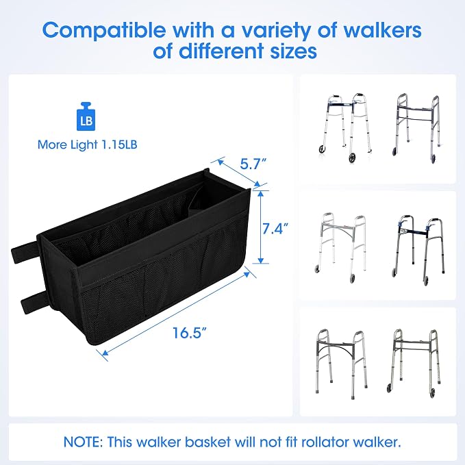 Dotday Upgraded Walker Basket with Cup Holder, Foldable Walker Bag | Basket for Walker for Senior, Walker Accessories for Folding Walker, Large Capacity, Never Tipping Over, Not Fit for Rollator