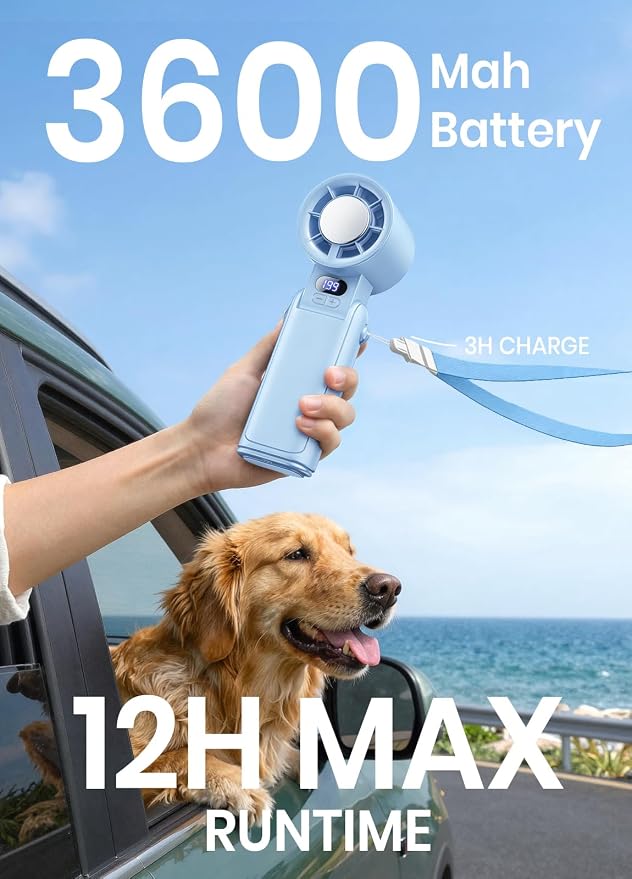 Portable Handheld Turbo Fan, 1-199 Speed Adjustable, Blue | 4 IN 1 Pocket Design with LED Display, High-Power Motor, Rechargeable Battery, Mini Fans for Indoor/Outdoor/Travel/Work