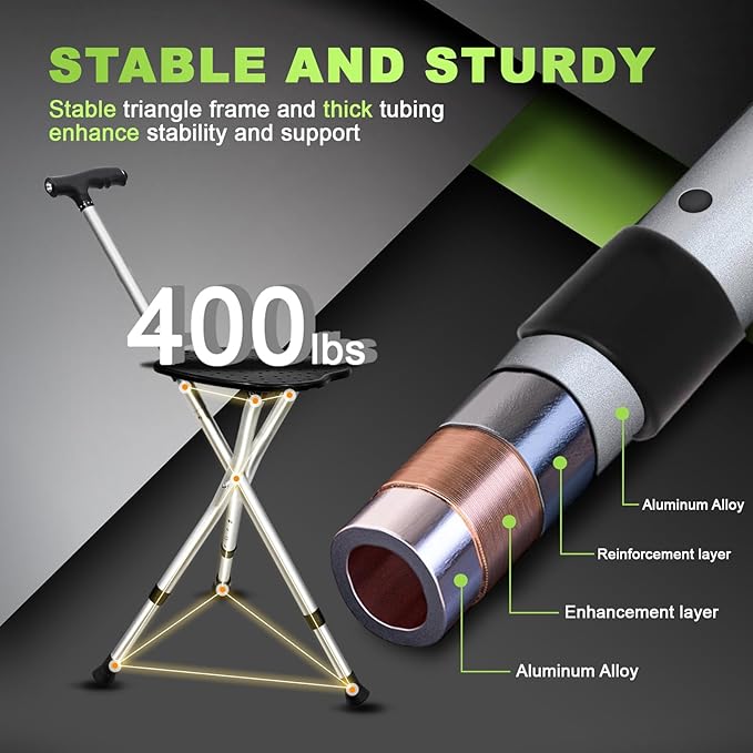 BigAlex Alloy Folding Cane with Seat, Lightweight Adjustable Walking Cane with Seat, Cane Seat with LED for Seniors, Cane Chair for Woman/Man,Anti-Slip Walking Stick for Seniors