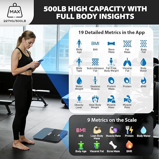 ABLEGRID Smart WiFi Digital Bathroom Scale for Body Weight, Auto-Rotating TFT Display Body Fat Scale with BMI Muscle Mass, 500lb High Capacity, 11.8" Platform, 20 Accurate Body Compositions via App