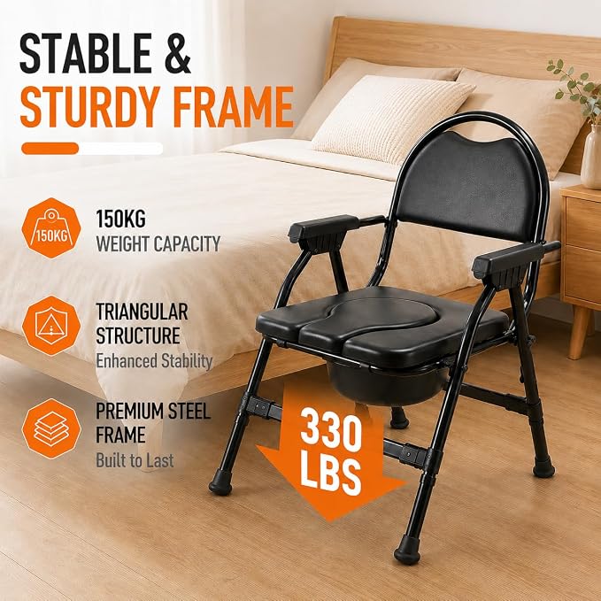 4-in-1 Folding Bedside Commode Chair with Seat Cover, Tool-Free Assembly Portable Toilet for Adults, Adjustable Height Bedside Commode for Seniors with Handles, 330lbs Support (Black)