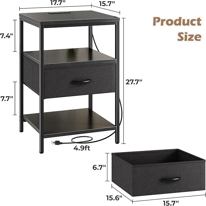 SUPERJARE Nightstand with Charging Station, USB-C Port, Bedside Table | 27.7 Inch Tall Nightstand with Adjustable Fabric Drawer, Large Dresser for Bedroom, Living Room, Black