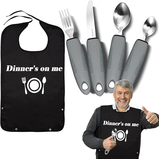 Adaptive Utensils with Adult Bib - 4pcs Weighted Utensils Set (2.5oz Each) for Hand Tremors, Elderly, Parkinson's, Arthritis - Non-Slip Easy Grip Handles for Independent Eating