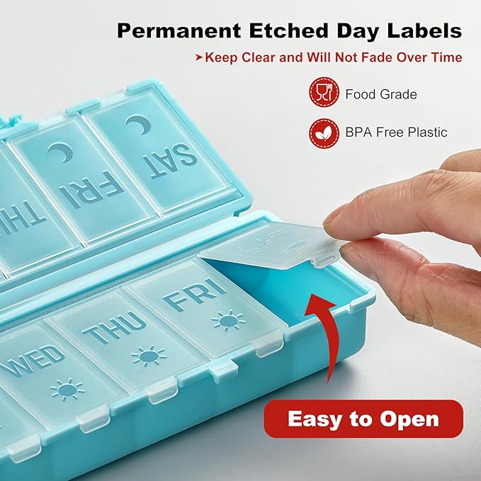 Foldable Pill Organizer 2 Times a Day w/Etched Labels -Dual Protection & Portable Weekly AM PM Pill Box, 7 Day Medicine Container, Large Travel Pill Case for Week Daily Supplement Vitamin - Sky Blue
