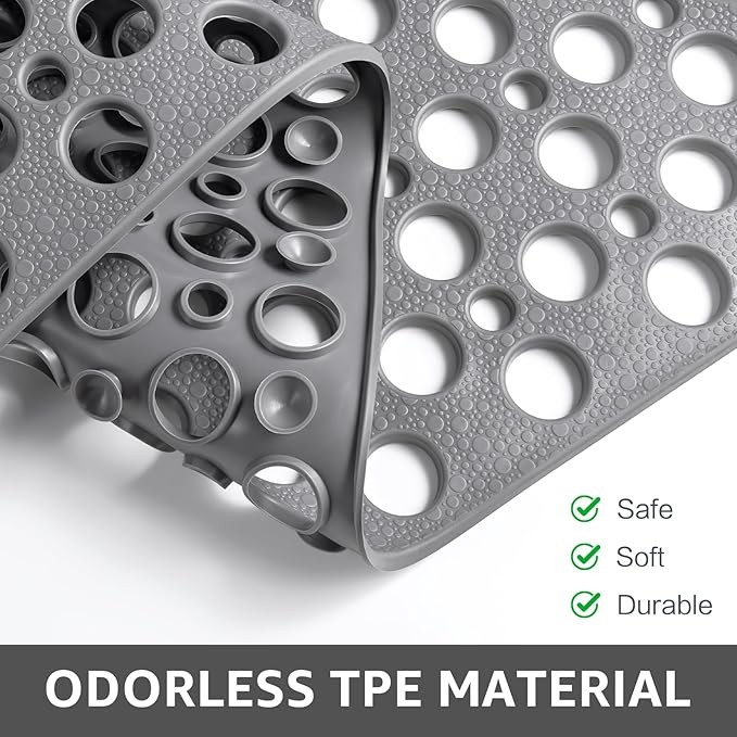 Yolife Large Shower Mat, 35 x 24 inch Non Slip Shower Mats for Inside Shower with Drain Hole, No Odor Soft TPE Shower Floor Mat, Extra Large Non Slip Shower Mat with Suction Cups, Grey
