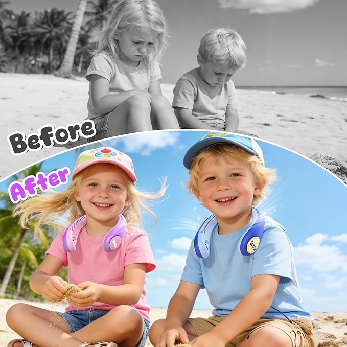 Kids Portable Neck Fan, Bladeless Fan for Kids, Safe Kids Rechargeable Cooling Fan for 4-14Y Girls, 2600mAh Personal Fans for Your Neck, 4 Speeds & Lightweight, Summer Essentials Gifts for Kids