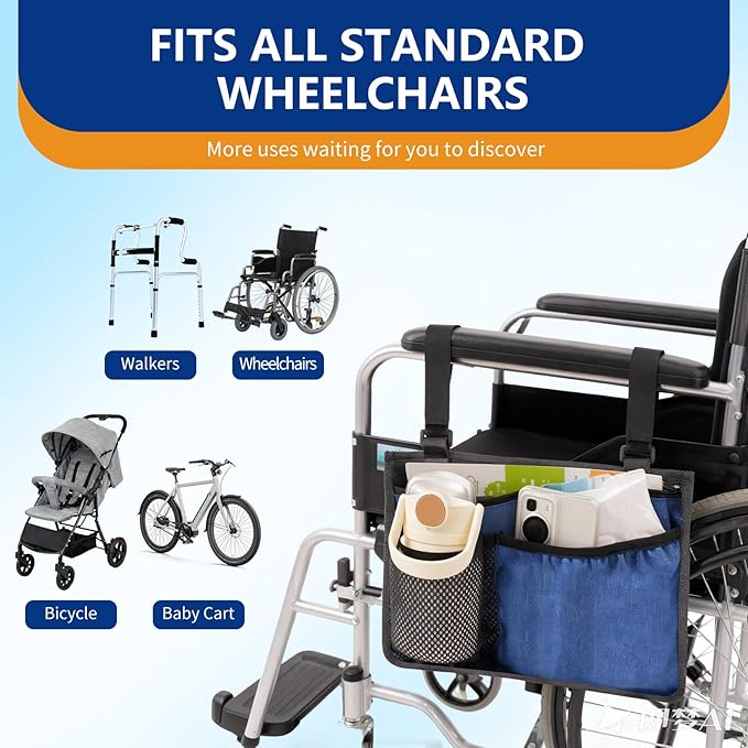 Wheelchair Side Bag, Waterproof Oxford Wheelchair Armrest Storage Pouch with Multiple Pockets, Durable Wheelchair Bags to Hang on Side for Most Wheelchairs, Walkers & Rollators(Blue)