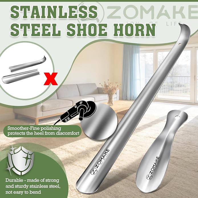 ZOMAKE Metal Shoe Horn Long Handle for Seniors 16.5 Inch,Long Shoehorn Stainless Steel Shoe Spoon Shoe Helper for Men Women