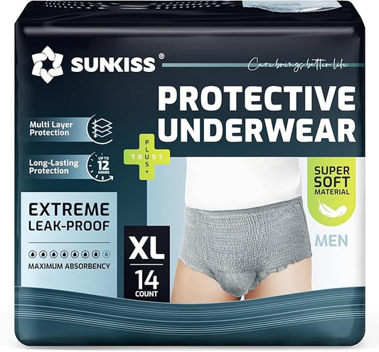 SUNKISS Incontinence Underwear for Men,Daytime Disposable Adult Pull Ups,Mens Protective Briefs with Maximum Absorbency, XLarge, Grey, 14 Count