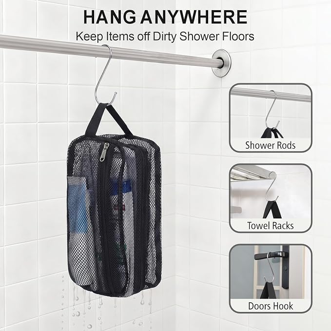 Mesh Shower Caddy Portable with Zipper - Toiletry Shower Bag for travel Gym | 2 Pockets, Quick-Dry Mesh, S-Hook, Small Hanging Shower Caddy for Toiletry Essentials, Bathroom & Camping, Black