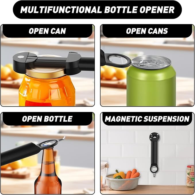 Jar Opener Bottle Opener for Seniors with Arthritis, Multi Retractable Magnetic Can Opener, Jar Grippers for Opening Jars, Kitchen Gadgets for Weak Hands and Senior Arthritis (Black)