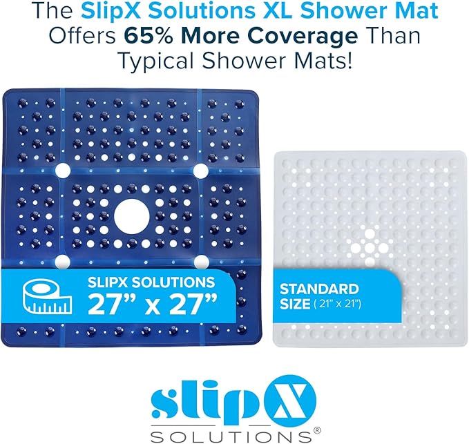 SlipX Solutions 27" Oversize Square Shower Mat, Non-Slip Mat for Elderly & Kids, 100+ Power Grip Suction Cups for Smooth Surfaces, Machine Washable, Navy