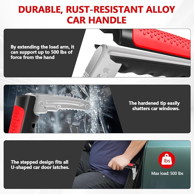 Kaiedos Car Door Handle for Elderly, 3-in-1 Car Handle Assist for Seniors, Portable Auto Cane Vehicle Support Handle, 500 lbs Capacity, Non-Slip Door Assist Bar (Red)