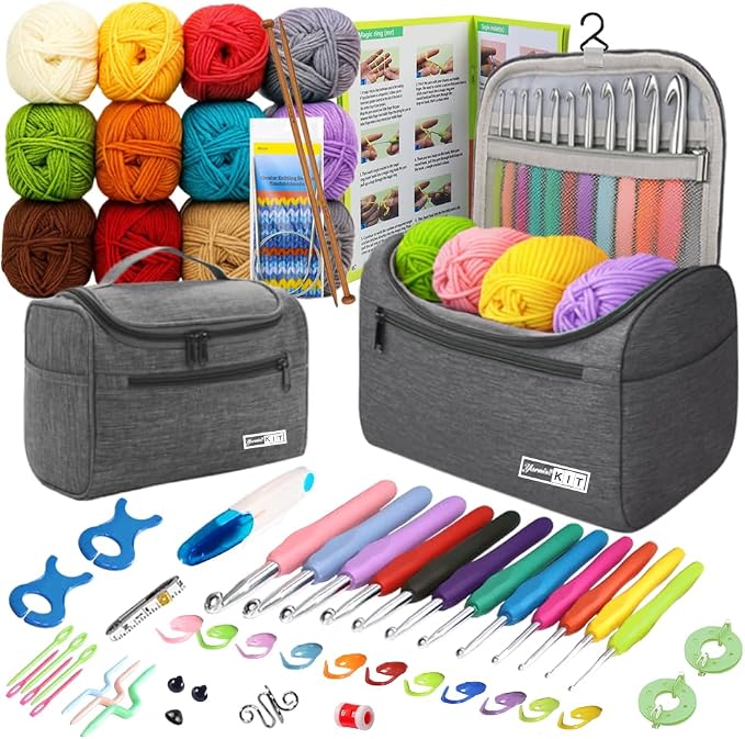 Yarniss Crochet Kit for Beginners - 840 Yards Crochet Yarn and 12 Sizes (2.0-8.0mm) Ergonomic Hooks with Organizer Bag, All Inclusive Crocheting & Knitting Set for Adults