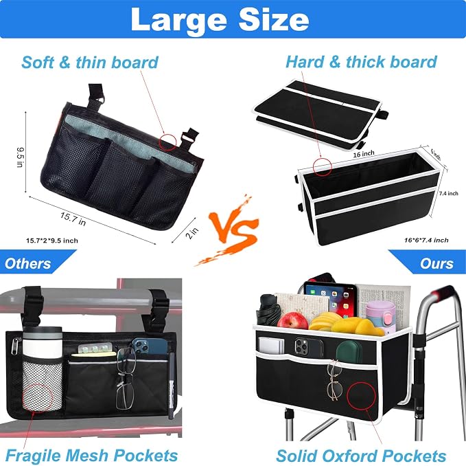 Yuan & Chuang Walker Bag - Foldable with 6 Elastic Straps, Stronger Than Other Baskets, Multiple Pockets & Never Tipping Over for Elders and Family - Black