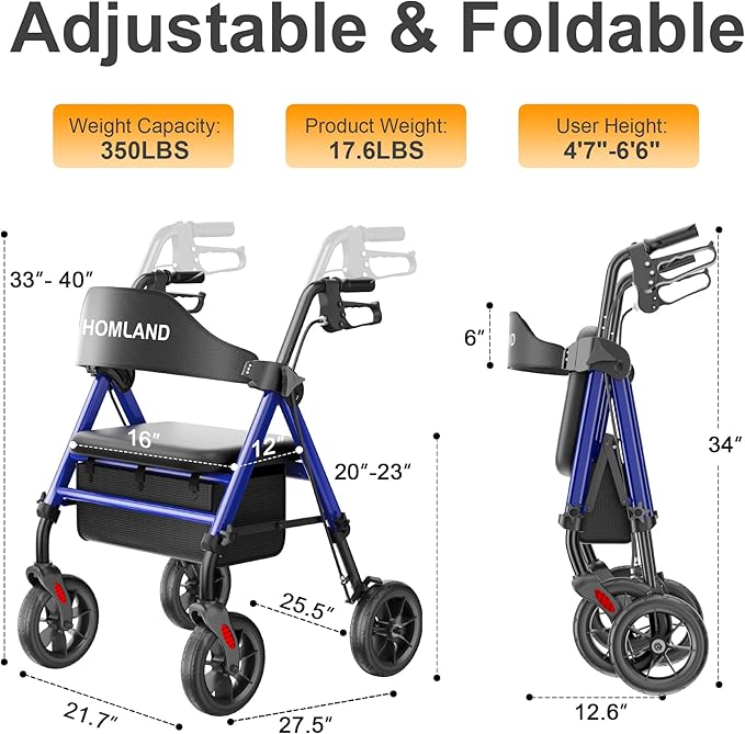 HOMLAND Walkers for Seniors with Seat, Foldable Rollator Walker, Reinforced Aluminum Frame, 8" Big Rubber Wheels for All Terrain, Height Adjustable Lightweight Rolling Walker