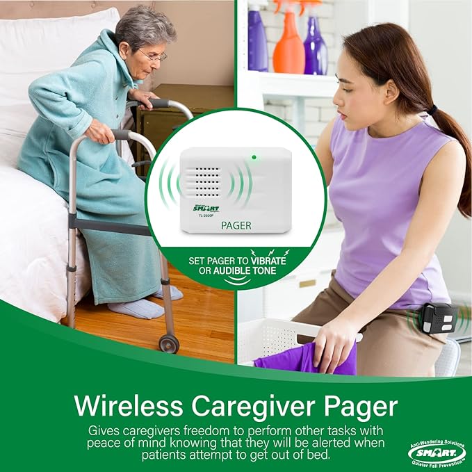 Smart Caregiver Bed Exit Alarm with Wireless Pager - Early Alert Fall Prevention for Seniors and Elderly - Weight Sensing Bed Pad Alerts Caregiver When They Get Up - USA Company and Customer Service