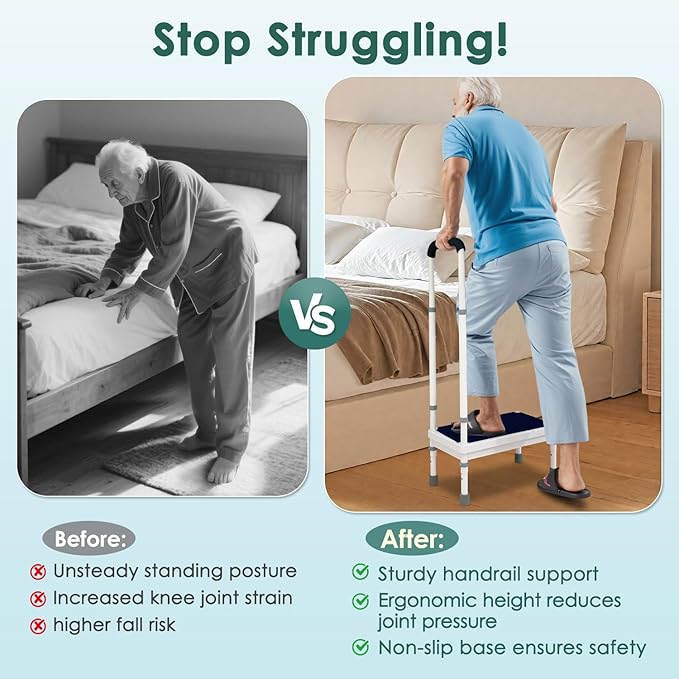 Medical Step Stool with Handle for Elderly Bed Side Stools for High Beds Adult Seniors Safety Bedside Steps Adjustable Heavy Duty Stepping Stool Metal Platform RV Bathtub Car Bedroom Assist (17.8")