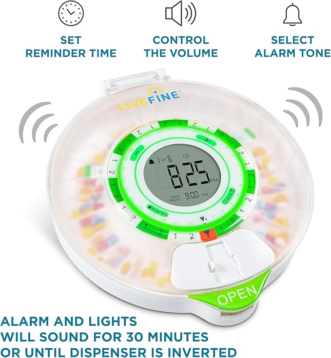 Live Fine Automatic Locking Pill Dispenser, 28 Day, Frosted Lid | Medicine Pill Organizer, Lockable Medicine Box, Pill Box with Alarm, Audio & Visual Alerts, Sliding Retrieval Window
