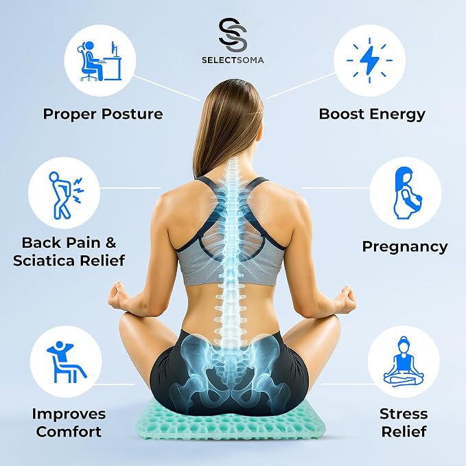 SelectSoma Gel Seat Cushion for Long Sitting, Pressure Relief for Sciatica, Tailbone, Coccyx & Back Pain, Office Chair, Wheelchair, Car & Truck – Standard Size Mint Green Gel