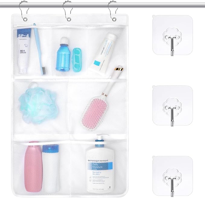 F-color 7-Pocket Mesh Shower Caddy - Hanging Shower Organizer for Cruise | Quick-Dry & See-Through Mesh for Toiletries, Fits Shower Rod Rings or Sticky Hooks for Bathroom & RV, Cruise Essentials 2026
