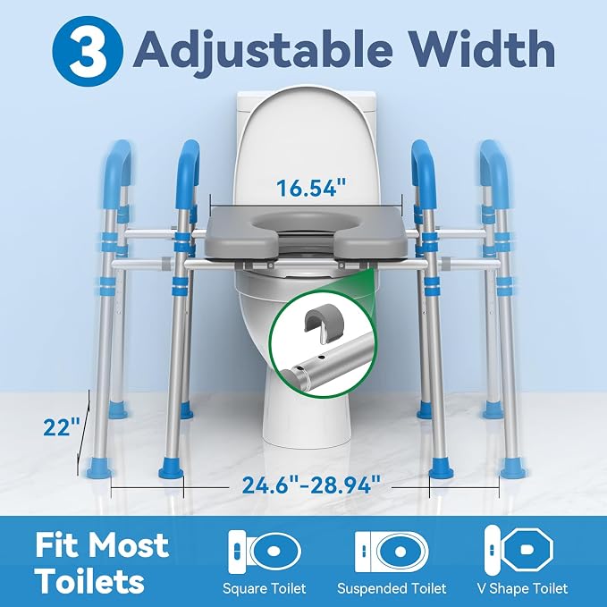 Loyoda Raised Toilet Seat Risers with Handles, Height and Width Adjustment | Soft Padded Elevated Toilet Seat for Elderly & Disabled Adults, Supports 500 LBS, Universal Toilet Fit, FSA/HSA Eligible