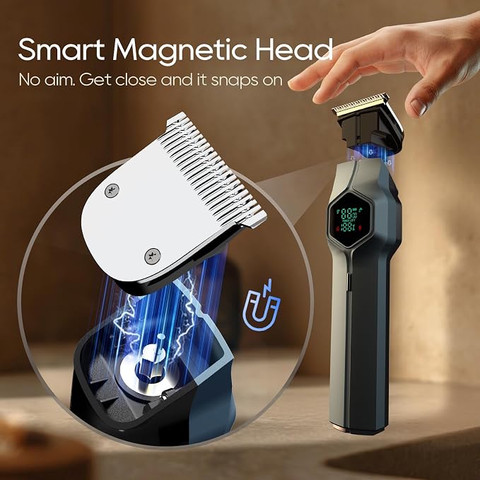 Beard Trimmer for Men, Magnetic Snap-on Replacement Heads & Charging Dock, IPX7 Waterproof Cordless Hair Clippers, Mens Grooming Kits for Mustache/Body/Face/Ear/Nose, Navy Blue