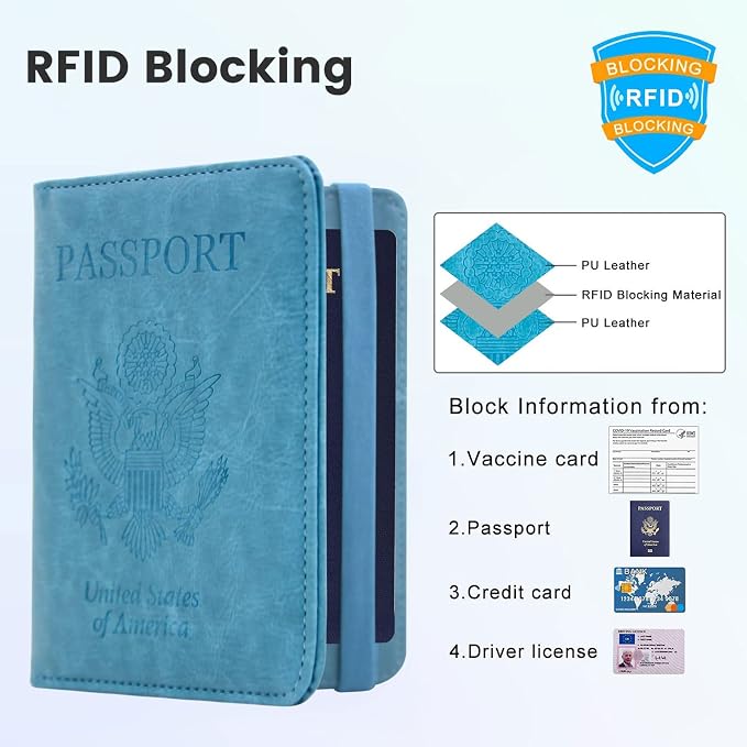Passport Holder for Travel, RFID Blocking Passport Cover with Vaccine Card Slot, Leather Travel Wallet Combo & ID Organizer for Women, Teal