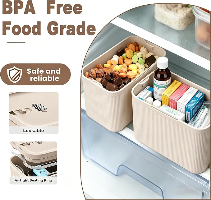 Lockable Storage Box, Plus Lock Box with Code – 2 inch Taller Version for Medication Safe, Phone Jail, Food Snacks, First Aid Kits, Refrigerator, Office, School, Home, Travel Gift (Beige)
