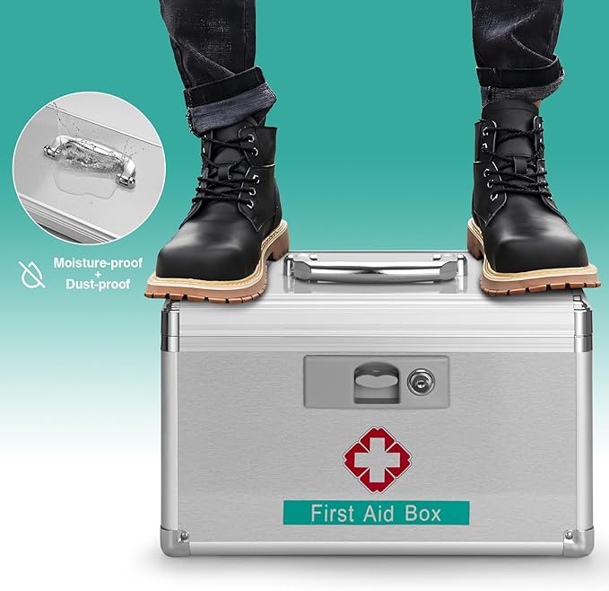 GODLONSEN Medicine Storage Box with Key - 15 x 8.7 x 9.4 Inches -Empty Lock First Aid Box for Drugs & Pill, Medical Organizer Container For Home/Outdoor (Silver/X-Large)