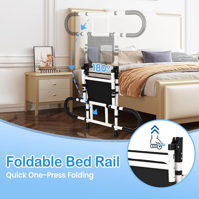 Bed Rails for Elderly Adults Safety, Bed Cane for Seniors, 300 Lbs | Adjustable Height Grab Bar Handrails with 2 Ergonomic Handles & Storage Pocket, 180° Foldable Bed Rails for Seniors