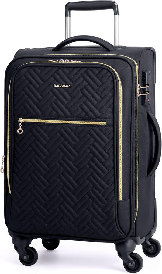 BAGSMART Carry On Luggage 20 Inch,Softside Expandable Suitcase with Spinner Wheels, Luggage 22x14x9 Airline Approved Rolling Lightweight Suitcases for Women Men, Compact Carry-On (Black)