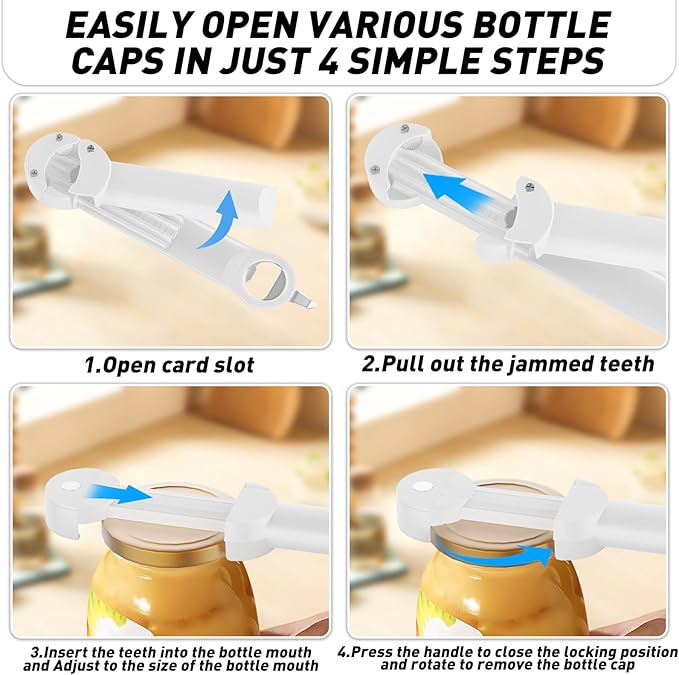 Jar Opener Bottle Opener for Seniors with Arthritis, Multi Retractable Magnetic Can Opener, Jar Grippers for Opening Jars, Kitchen Gadgets for Weak Hands and Senior Arthritis (White)