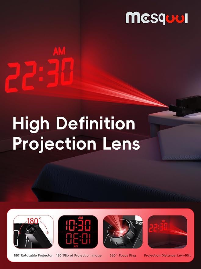 Mesqool Digital Projection Alarm Clock with Dual Alarms, 5 Levels Dimmer | Plug-in Clock with 180° Projection on Ceiling Wall,Battery Backup,12/24H & DST, USB Charging Port,Snooze for Heavy Sleepers