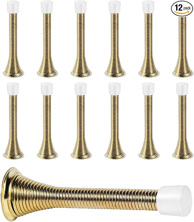 KISEER 12 Pack Spring Door Stops 3 1/4 Inch Flexible Heavy Duty Spring Door Stopper with RustProof Screw Rubber Bumper Tips (Gold)
