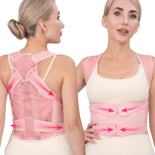 Back Brace Posture Corrector for Women & Men, Adjustable Full Back Support, Shoulder Straightener for Upper & Lower Back Pain Relief-Scoliosis, Hunchback, Waist Trainer (Large, Pink)