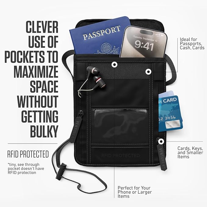 VENTURE 4TH Travel Neck Wallet, RFID Blocking Passport Holder - Sleek Black