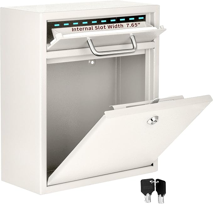 AdirOffice Ultimate Drop Box Wall-Mounted Mailbox - Hanging Secured Postbox - Durable Spacious Key - Perfect for After Hours Deposits Payments Key and Letter Drops (White, Large) (White, Large)