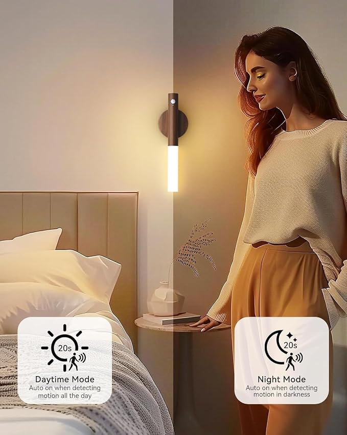Motion Sensor Light Indoor, 2200mAh Rechargeable Wall Sconce | Battery operated wall lights magnetic night lights wooden wall decor for stairways, hallways, bedrooms and picture lighting